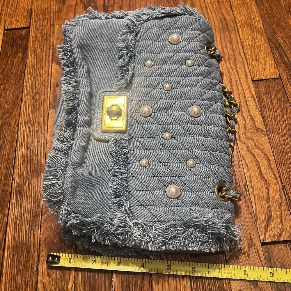 Karl Lagerfeld Paris Denim Shoulder Bag Quilted Pearl Chain Fringe Handbag Blue